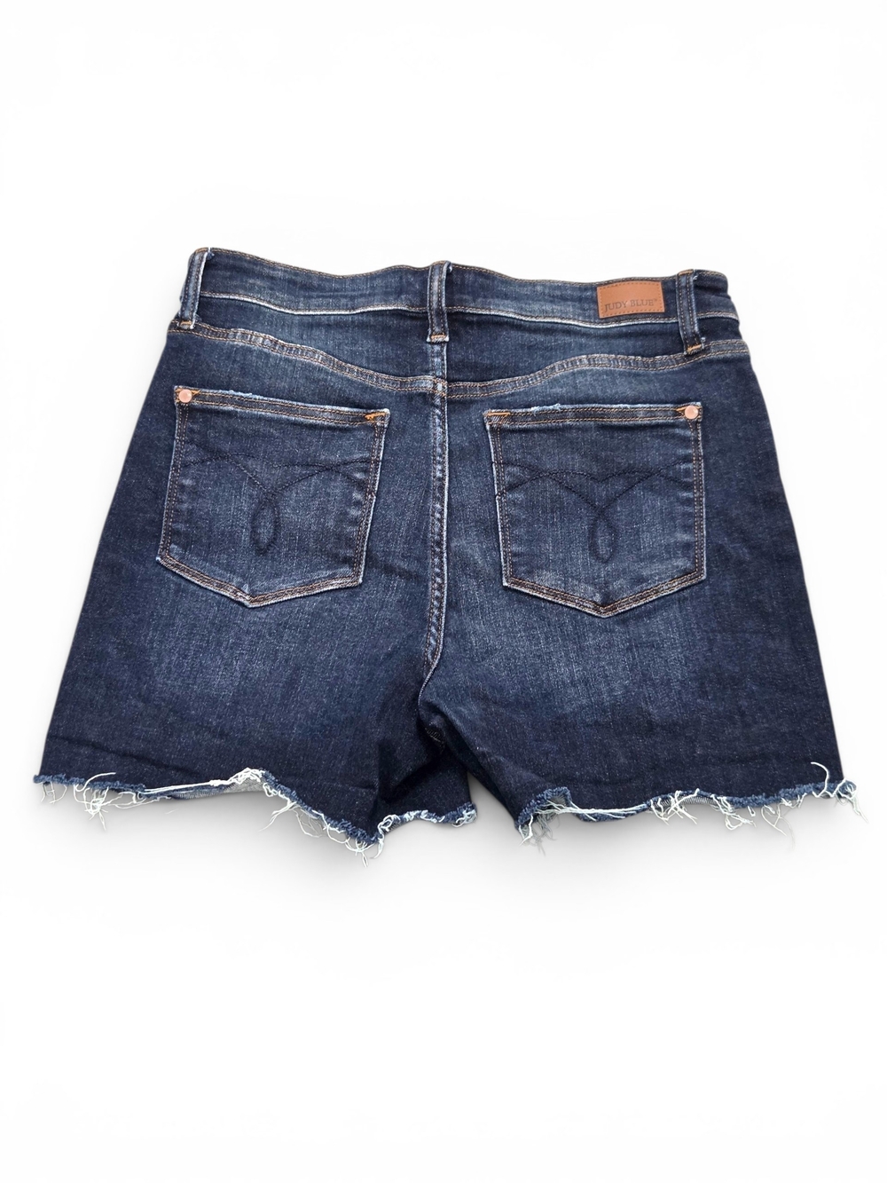Judy Blue High Rise Button Fly Raw Hem Denim Shorts Distressed Dark Wash Large - Picture 6 of 10